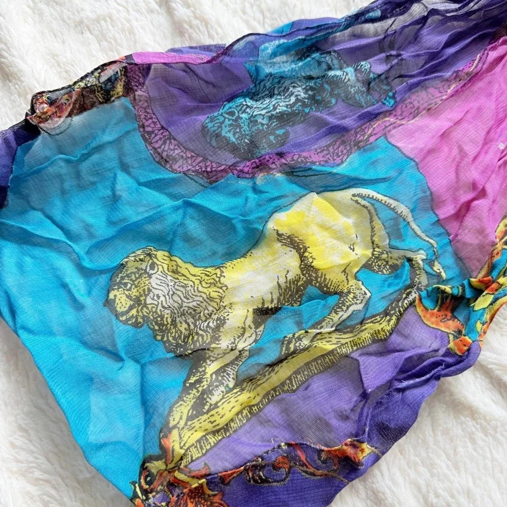 Vintage Women's Rayon Crinkle Scarf Wrap Shawl Blue Purple Abstract Artsy Boho